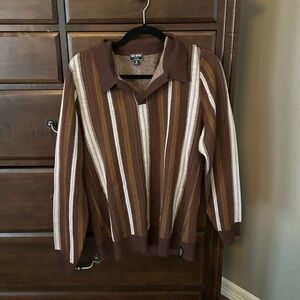 Todd Snyder Brown Striped V-Neck Polo Sweater